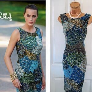 Joseph Ribkoff Blue/Green peacock sequins dress size 16